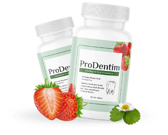 ProDentim bottles beside fresh strawberries and mint leaves